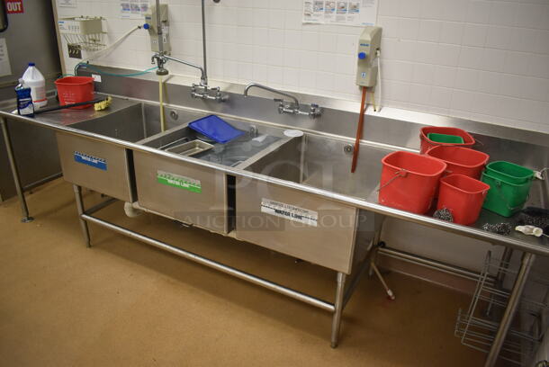 Stainless Steel Commercial 3 Bay Sink w/ Dual Drain Boards, 2 Faucets, 2 Handle Sets and Spray Nozzle Attachment. BUYER MUST REMOVE. 134x36x43. Bays 24x30x14. Drain Boards 28x32x2. (Education Kitchen) - Image 5 of 6