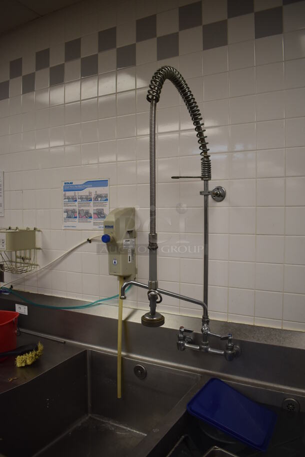 Stainless Steel Commercial 3 Bay Sink w/ Dual Drain Boards, 2 Faucets, 2 Handle Sets and Spray Nozzle Attachment. BUYER MUST REMOVE. 134x36x43. Bays 24x30x14. Drain Boards 28x32x2. (Education Kitchen) - Image 6 of 6