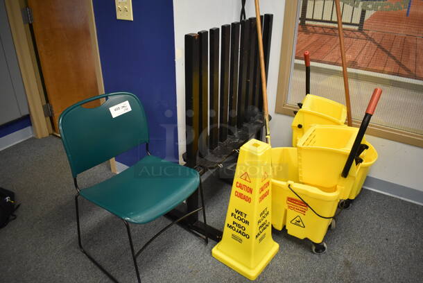 ALL ONE MONEY! Lot of Various Items Including Green Chair, Metal Rack, Wet Floor Caution Cone and 2 Mop Buckets. (Classroom 10)