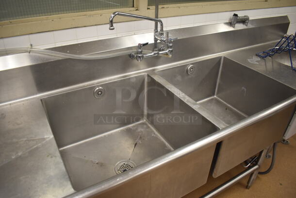 Stainless Steel Commercial 2 Bay Sink w/ Dual Drain Boards, Faucet, Handles, Spray Nozzle Attachment, Master Disposer Control Box and Master Disposer C12-L-BC-CCRM Garbage Disposal. BUYER MUST REMOVE. 121x30x43. Bays 24x24x14. Drain Board 34x26x2. (Education Kitchen)  - Image 3 of 10