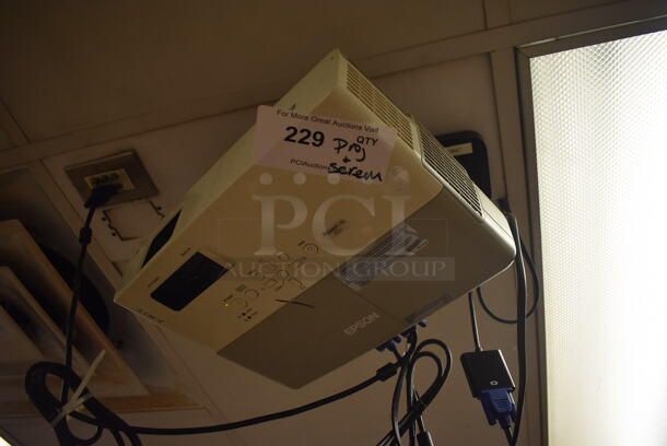 Epson Ceiling Mounted Projector and Pull Down Projection Screen. BUYER MUST REMOVE. 11x8x4, 94". (Education Kitchen 2) - Image 3 of 5