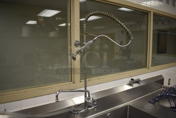 Stainless Steel Commercial 2 Bay Sink w/ Dual Drain Boards, Faucet, Handles, Spray Nozzle Attachment, Master Disposer Control Box and Master Disposer C12-L-BC-CCRM Garbage Disposal. BUYER MUST REMOVE. 121x30x43. Bays 24x24x14. Drain Board 34x26x2. (Education Kitchen)  - Image 4 of 10