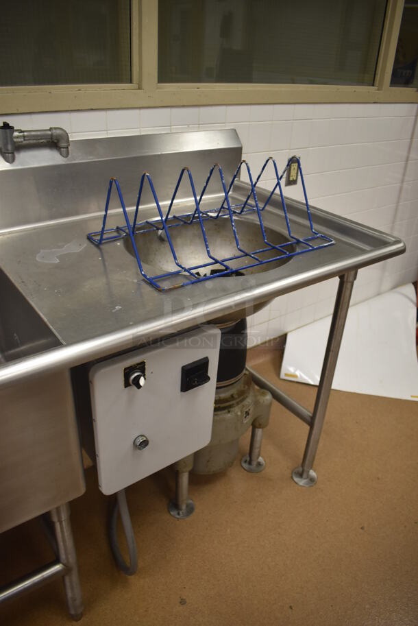 Stainless Steel Commercial 2 Bay Sink w/ Dual Drain Boards, Faucet, Handles, Spray Nozzle Attachment, Master Disposer Control Box and Master Disposer C12-L-BC-CCRM Garbage Disposal. BUYER MUST REMOVE. 121x30x43. Bays 24x24x14. Drain Board 34x26x2. (Education Kitchen)  - Image 5 of 10
