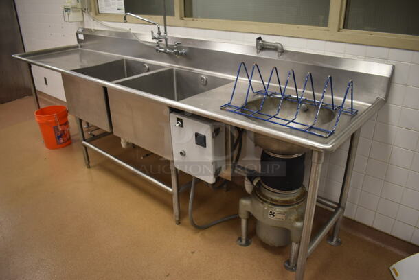 Stainless Steel Commercial 2 Bay Sink w/ Dual Drain Boards, Faucet, Handles, Spray Nozzle Attachment, Master Disposer Control Box and Master Disposer C12-L-BC-CCRM Garbage Disposal. BUYER MUST REMOVE. 121x30x43. Bays 24x24x14. Drain Board 34x26x2. (Education Kitchen)  - Image 6 of 10