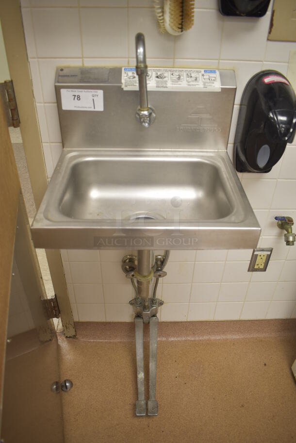 Advance Tabco Stainless Steel Commercial Single Bay Wall Mount Sink w/ Faucet and Foot Pedals. BUYER MUST REMOVE. 17.5x15.5x19. (Education Kitchen) - Image 3 of 4