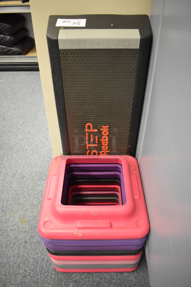 Reebok Step Block w/ 8 Risers. 28x14x6, 16x16x5. (Classroom 10) - Image 1 of 4