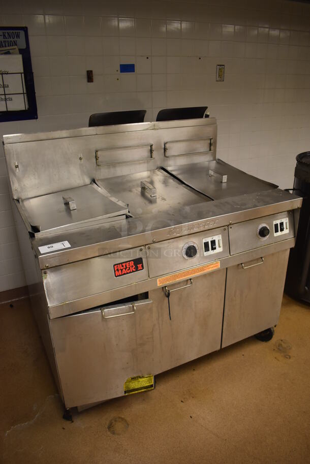 Frymaster FM245ESC Stainless Steel Commercial Floor Style Natural Gas Powered 2 Bay Deep Fat Fryer w/ Left Side Filter Magic II Filter Station and 3 Lids on Commercial Casters. 122,000 BTU. BUYER MUST REMOVE. 47x32x48. Tested and Working! (Education Kitchen) - Image 2 of 12