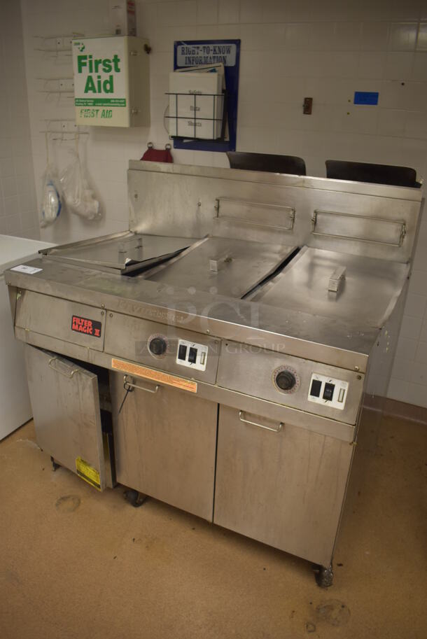 Frymaster FM245ESC Stainless Steel Commercial Floor Style Natural Gas Powered 2 Bay Deep Fat Fryer w/ Left Side Filter Magic II Filter Station and 3 Lids on Commercial Casters. 122,000 BTU. BUYER MUST REMOVE. 47x32x48. Tested and Working! (Education Kitchen) - Image 3 of 12