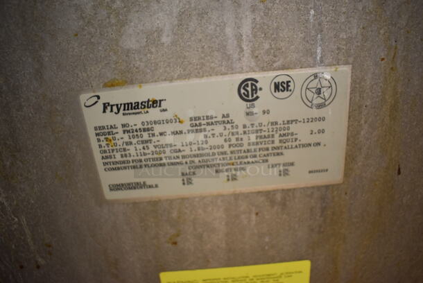 Frymaster FM245ESC Stainless Steel Commercial Floor Style Natural Gas Powered 2 Bay Deep Fat Fryer w/ Left Side Filter Magic II Filter Station and 3 Lids on Commercial Casters. 122,000 BTU. BUYER MUST REMOVE. 47x32x48. Tested and Working! (Education Kitchen) - Image 5 of 12