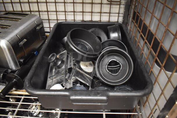 Metal 4 Tier Wire Shelving Unit w/ Liquor Cage on Commercial Casters. Comes w/ Contents Including Utensils, Toaster and Pitcher.  BUYER MUST DISMANTLE. PCI CANNOT DISMANTLE FOR SHIPPING. PLEASE CONSIDER FREIGHT CHARGES. 48x24x70. (Dishroom) - Image 6 of 10
