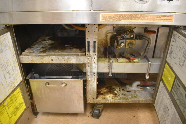 Frymaster FM245ESC Stainless Steel Commercial Floor Style Natural Gas Powered 2 Bay Deep Fat Fryer w/ Left Side Filter Magic II Filter Station and 3 Lids on Commercial Casters. 122,000 BTU. BUYER MUST REMOVE. 47x32x48. Tested and Working! (Education Kitchen) - Image 9 of 12