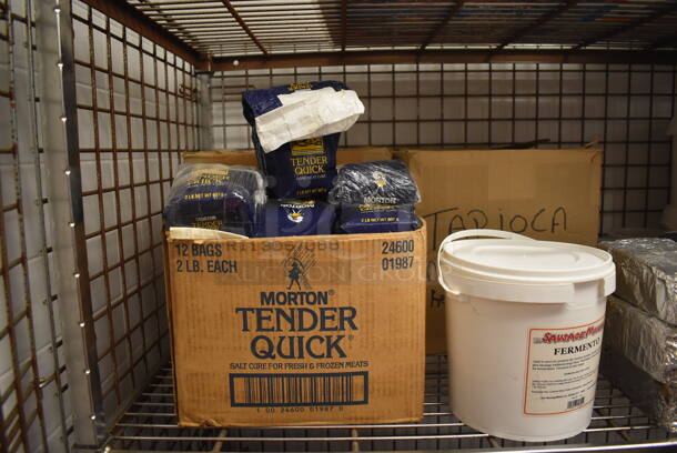 Metal 4 Tier Wire Shelving Unit w/ Liquor Cage on Commercial Casters. Comes w/ Contents Including Tender Quick and Fermento. BUYER MUST DISMANTLE. PCI CANNOT DISMANTLE FOR SHIPPING. PLEASE CONSIDER FREIGHT CHARGES. 48x24x70. (Dishroom) - Image 5 of 8