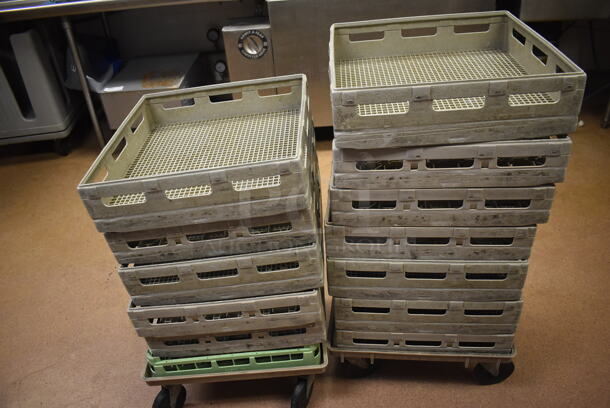 2 Poly Dish Caddy Dollies w/ 13 Dish Caddies. Includes 21x21x9, 19.5x19.5x4. 2 Times Your Bid! (Dishroom)