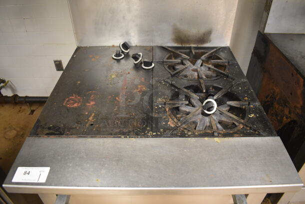 Garland M42-6R Stainless Steel Commercial Natural Gas Powered 2 Burner Range w/ Flat Top, Oven, Over Shelf and Back Splash. BUYER MUST REMOVE. 34x38x58. Tested and Working! (Education Kitchen) - Image 4 of 8
