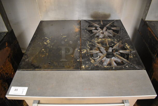 Garland M42-6R Stainless Steel Commercial Natural Gas Powered 2 Burner Range w/ Flat Top, Oven, Over Shelf and Back Splash. BUYER MUST REMOVE. 34x38x58. Tested and Working! (Education Kitchen) - Image 4 of 7