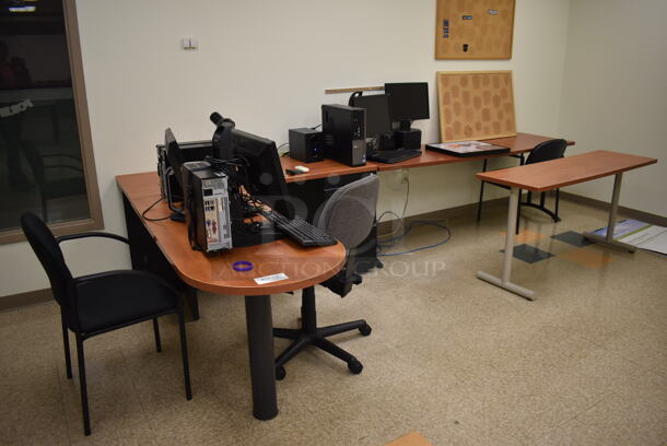 Wood Pattern L Shaped Desk w/ 2 Tables and Contents Including 2 computer Set Ups. BUYER MUST REMOVE. Includes 60x80x29.5. (EMT/Forensics Lab) 