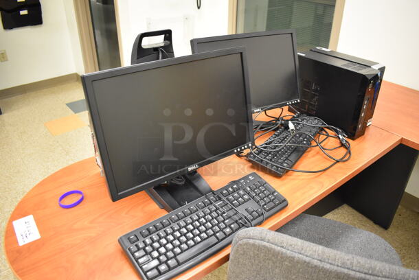 Wood Pattern L Shaped Desk w/ 2 Tables and Contents Including 2 computer Set Ups. BUYER MUST REMOVE. Includes 60x80x29.5. (EMT/Forensics Lab)  - Image 2 of 7