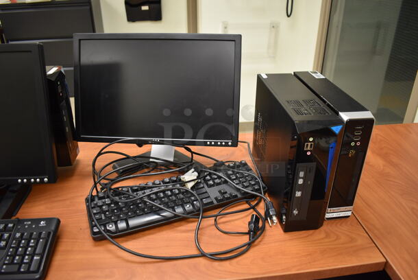 Wood Pattern L Shaped Desk w/ 2 Tables and Contents Including 2 computer Set Ups. BUYER MUST REMOVE. Includes 60x80x29.5. (EMT/Forensics Lab)  - Image 3 of 7