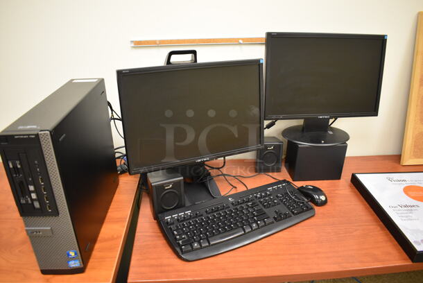 Wood Pattern L Shaped Desk w/ 2 Tables and Contents Including 2 computer Set Ups. BUYER MUST REMOVE. Includes 60x80x29.5. (EMT/Forensics Lab)  - Image 5 of 7