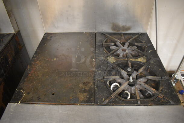Garland M42-6R Stainless Steel Commercial Natural Gas Powered 2 Burner Range w/ Flat Top, Oven, Over Shelf and Back Splash. BUYER MUST REMOVE. 34x38x58. Tested and Working! (Education Kitchen) - Image 5 of 8