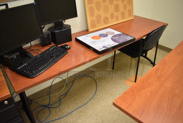 Wood Pattern L Shaped Desk w/ 2 Tables and Contents Including 2 computer Set Ups. BUYER MUST REMOVE. Includes 60x80x29.5. (EMT/Forensics Lab)  - Image 6 of 7