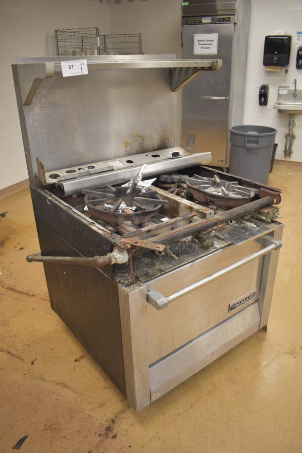 Garland M42-6R Stainless Steel Commercial Natural Gas Powered 2 Burner Range w/ Flat Top, Oven, Over Shelf and Back Splash. BUYER MUST REMOVE. 34x38x58. For Parts. (Education Kitchen) - Image 3 of 8