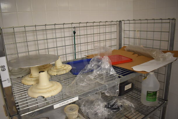Metal 4 Tier Wire Shelving Unit on Commercial Casters w/ Contents Including Metal Mixing Bowls, Attachments and Cake Stands. BUYER MUST DISMANTLE. PCI CANNOT DISMANTLE FOR SHIPPING. PLEASE CONSIDER FREIGHT CHARGES. 48x24x70. (Education Kitchen) - Image 2 of 6