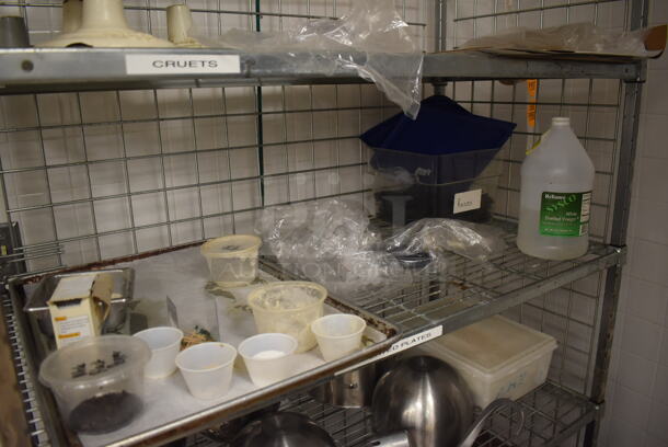 Metal 4 Tier Wire Shelving Unit on Commercial Casters w/ Contents Including Metal Mixing Bowls, Attachments and Cake Stands. BUYER MUST DISMANTLE. PCI CANNOT DISMANTLE FOR SHIPPING. PLEASE CONSIDER FREIGHT CHARGES. 48x24x70. (Education Kitchen) - Image 3 of 6