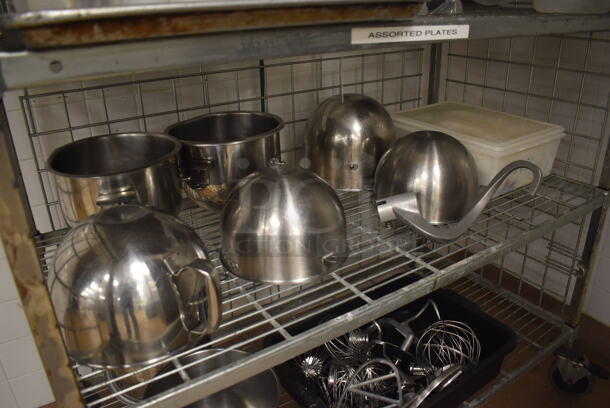 Metal 4 Tier Wire Shelving Unit on Commercial Casters w/ Contents Including Metal Mixing Bowls, Attachments and Cake Stands. BUYER MUST DISMANTLE. PCI CANNOT DISMANTLE FOR SHIPPING. PLEASE CONSIDER FREIGHT CHARGES. 48x24x70. (Education Kitchen) - Image 4 of 6