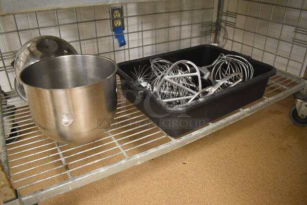 Metal 4 Tier Wire Shelving Unit on Commercial Casters w/ Contents Including Metal Mixing Bowls, Attachments and Cake Stands. BUYER MUST DISMANTLE. PCI CANNOT DISMANTLE FOR SHIPPING. PLEASE CONSIDER FREIGHT CHARGES. 48x24x70. (Education Kitchen) - Image 5 of 6