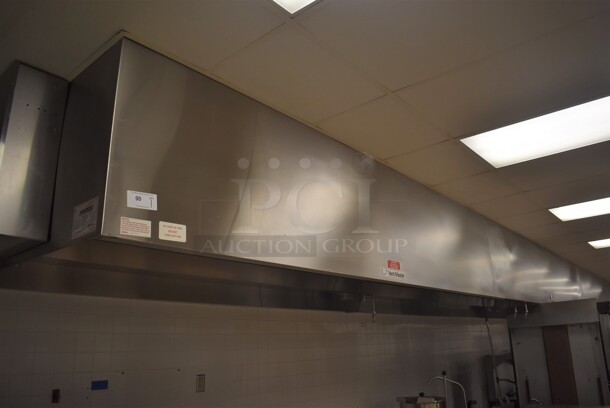 LATE MODEL! 37' Vent Master CM-EX B Stainless Steel Commercial Grease Hood w/ Filters and 3 Ansul Fire Suppression Boxes. BUYER MUST REMOVE. 444x60x26. (Education Kitchen)