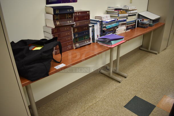 2 Wood Pattern Tables w/ Contents Including Pennsylvania Crimes Code and vehicle Law Books. BUYER MUST REMOVE. 60x18x28.5. 2 Times Your Bid! (EMT/Forensics Lab)