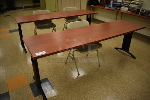 2 Wood Pattern Tables w/ 3 Tan Poly Chairs. 84x24x29, 23x20x32. 2 Times Your Bid! (EMT/Forensics Lab)