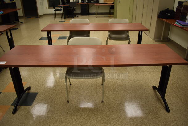 2 Wood Pattern Tables w/ 3 Tan Poly Chairs. 84x24x29, 23x20x32. 2 Times Your Bid! (EMT/Forensics Lab) - Image 2 of 3