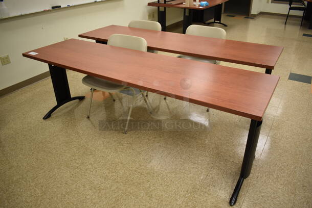2 Wood Pattern Tables w/ 3 Tan Poly Chairs. 84x24x29, 23x20x32. 2 Times Your Bid! (EMT/Forensics Lab)