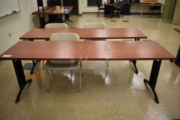 2 Wood Pattern Tables w/ 3 Tan Poly Chairs. 84x24x29, 23x20x32. 2 Times Your Bid! (EMT/Forensics Lab) - Image 2 of 3