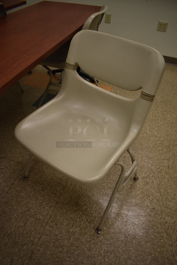 2 Wood Pattern Tables w/ 3 Tan Poly Chairs. 84x24x29, 23x20x32. 2 Times Your Bid! (EMT/Forensics Lab) - Image 3 of 3