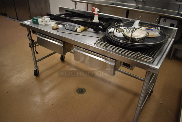 Stainless Steel Table w/ 2 Drawers and Back Splash on Commercial Casters. Comes w/ Contents. 72x30x39. (Education Kitchen) - Image 2 of 6