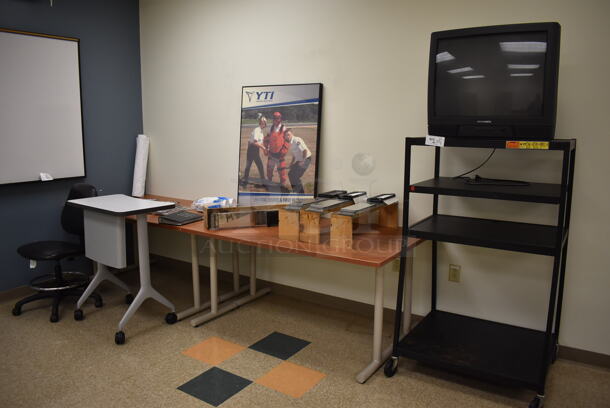 ALL ONE MONEY! Lot of Magnavox Television on AV Cart, 2 Tables, and Chair. Contents Not Included. BUYER MUST REMOVE. (EMT/Forensics Lab)