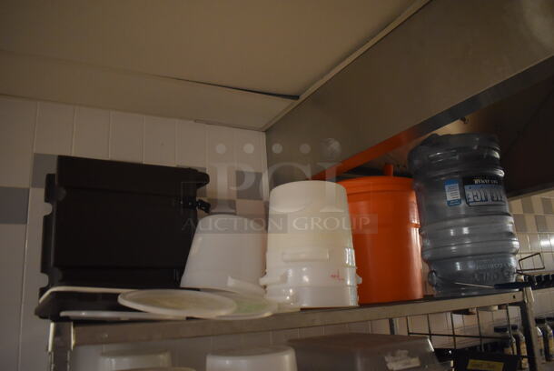 Metal 4 Tier Wire Shelving Unit on Commercial Casters w/ Contents Including Poly Bins and Marble Pieces. BUYER MUST DISMANTLE. PCI CANNOT DISMANTLE FOR SHIPPING. PLEASE CONSIDER FREIGHT CHARGES. 48x24x78. (Dishroom) - Image 2 of 7