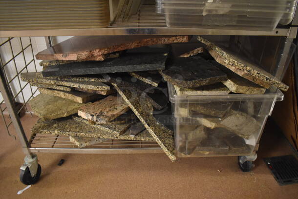 Metal 4 Tier Wire Shelving Unit on Commercial Casters w/ Contents Including Poly Bins and Marble Pieces. BUYER MUST DISMANTLE. PCI CANNOT DISMANTLE FOR SHIPPING. PLEASE CONSIDER FREIGHT CHARGES. 48x24x78. (Dishroom) - Image 5 of 7