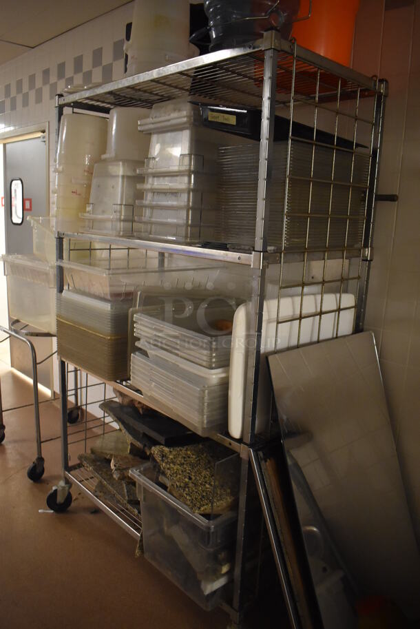 Metal 4 Tier Wire Shelving Unit on Commercial Casters w/ Contents Including Poly Bins and Marble Pieces. BUYER MUST DISMANTLE. PCI CANNOT DISMANTLE FOR SHIPPING. PLEASE CONSIDER FREIGHT CHARGES. 48x24x78. (Dishroom) - Image 6 of 7