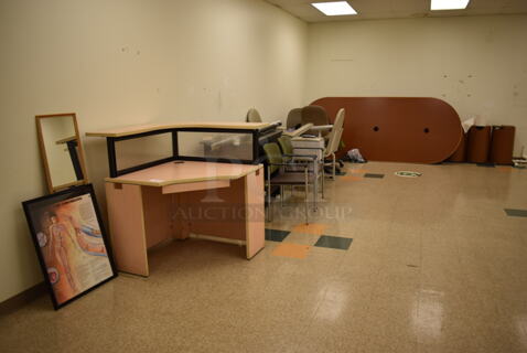 ALL ONE MONEY! Room Lot of Various Items Including Conference Room Table, Desk and Various Chairs. BUYER MUST REMOVE. (Medical Lab 2)
