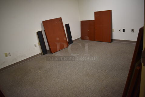ALL ONE MONEY! Room Lot of Wood Pattern Desk Pieces, Table, Desk and Bulletin Board. BUYER MUST REMOVE. (Copy Room)