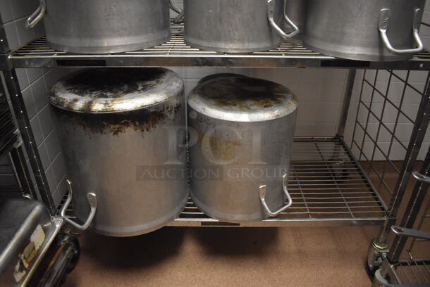 Metal 4 Tier Wire Shelving Unit on Commercial Casters w/ Contents Including Metal Stock Pots. BUYER MUST DISMANTLE. PCI CANNOT DISMANTLE FOR SHIPPING. PLEASE CONSIDER FREIGHT CHARGES. 48x24x78. (Dishroom) - Image 2 of 6