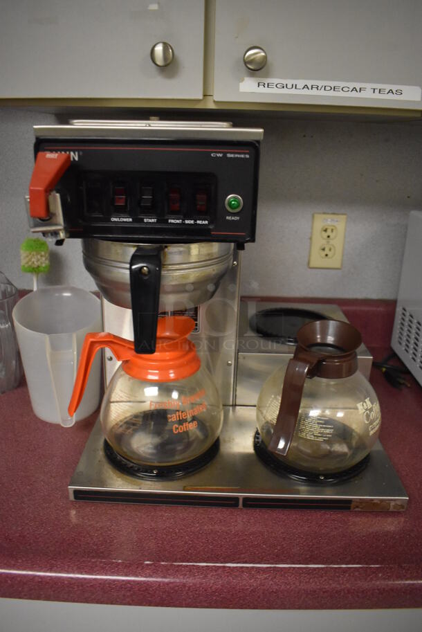Bunn CWTF-15 Stainless Steel Commercial 3 Burner Coffee Machine w/ Hot Water Dispenser, Metal Brew Basket and 2 Coffee Pots. 16x21x17. Tested and Working! (Faculty Area) - Image 2 of 5