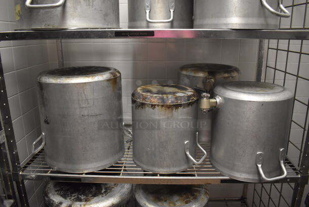 Metal 4 Tier Wire Shelving Unit on Commercial Casters w/ Contents Including Metal Stock Pots. BUYER MUST DISMANTLE. PCI CANNOT DISMANTLE FOR SHIPPING. PLEASE CONSIDER FREIGHT CHARGES. 48x24x78. (Dishroom) - Image 3 of 6