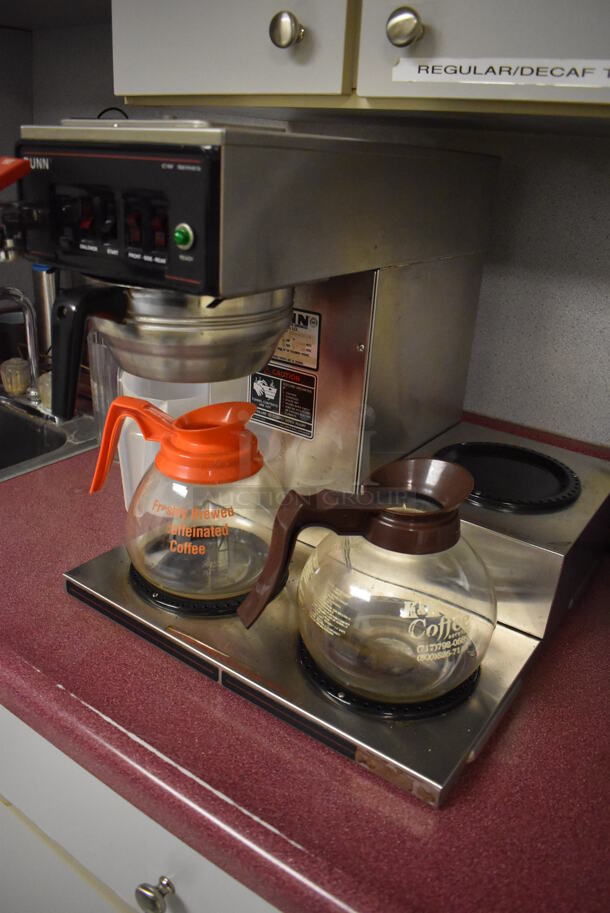 Bunn CWTF-15 Stainless Steel Commercial 3 Burner Coffee Machine w/ Hot Water Dispenser, Metal Brew Basket and 2 Coffee Pots. 16x21x17. Tested and Working! (Faculty Area) - Image 3 of 5