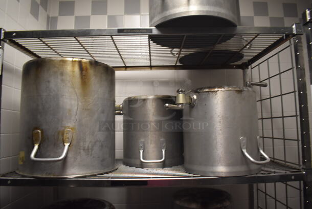 Metal 4 Tier Wire Shelving Unit on Commercial Casters w/ Contents Including Metal Stock Pots. BUYER MUST DISMANTLE. PCI CANNOT DISMANTLE FOR SHIPPING. PLEASE CONSIDER FREIGHT CHARGES. 48x24x78. (Dishroom) - Image 4 of 6