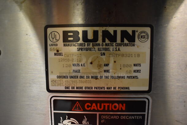 Bunn CWTF-15 Stainless Steel Commercial 3 Burner Coffee Machine w/ Hot Water Dispenser, Metal Brew Basket and 2 Coffee Pots. 16x21x17. Tested and Working! (Faculty Area) - Image 4 of 5